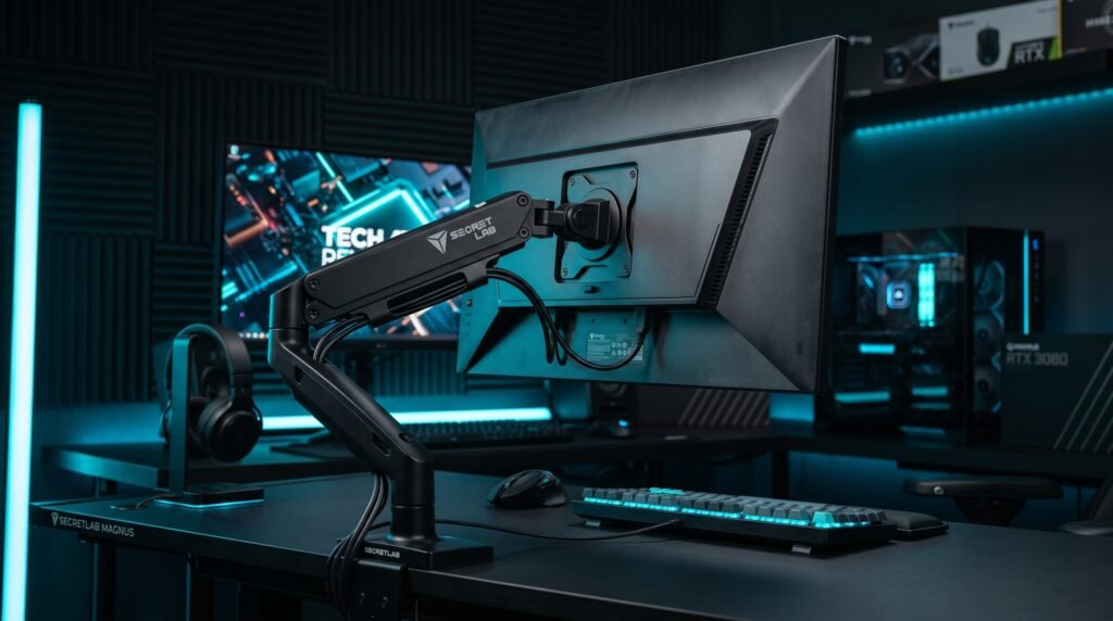 best monitor arm for desk with clean cable management setup