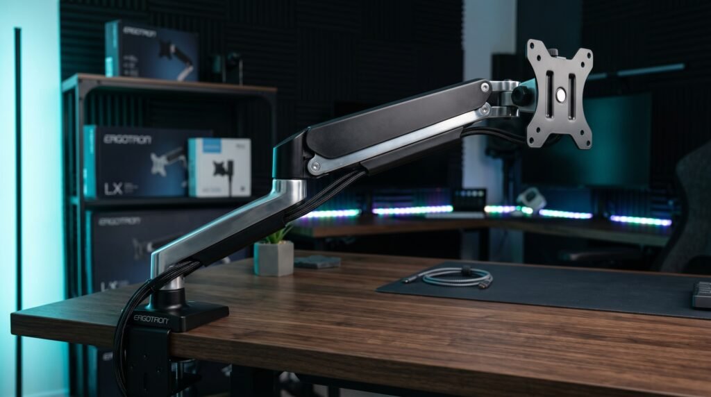 best monitor arm for desk with clean cable management setup