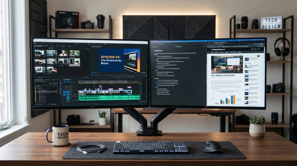 how to set up dual monitors on clean home office desk