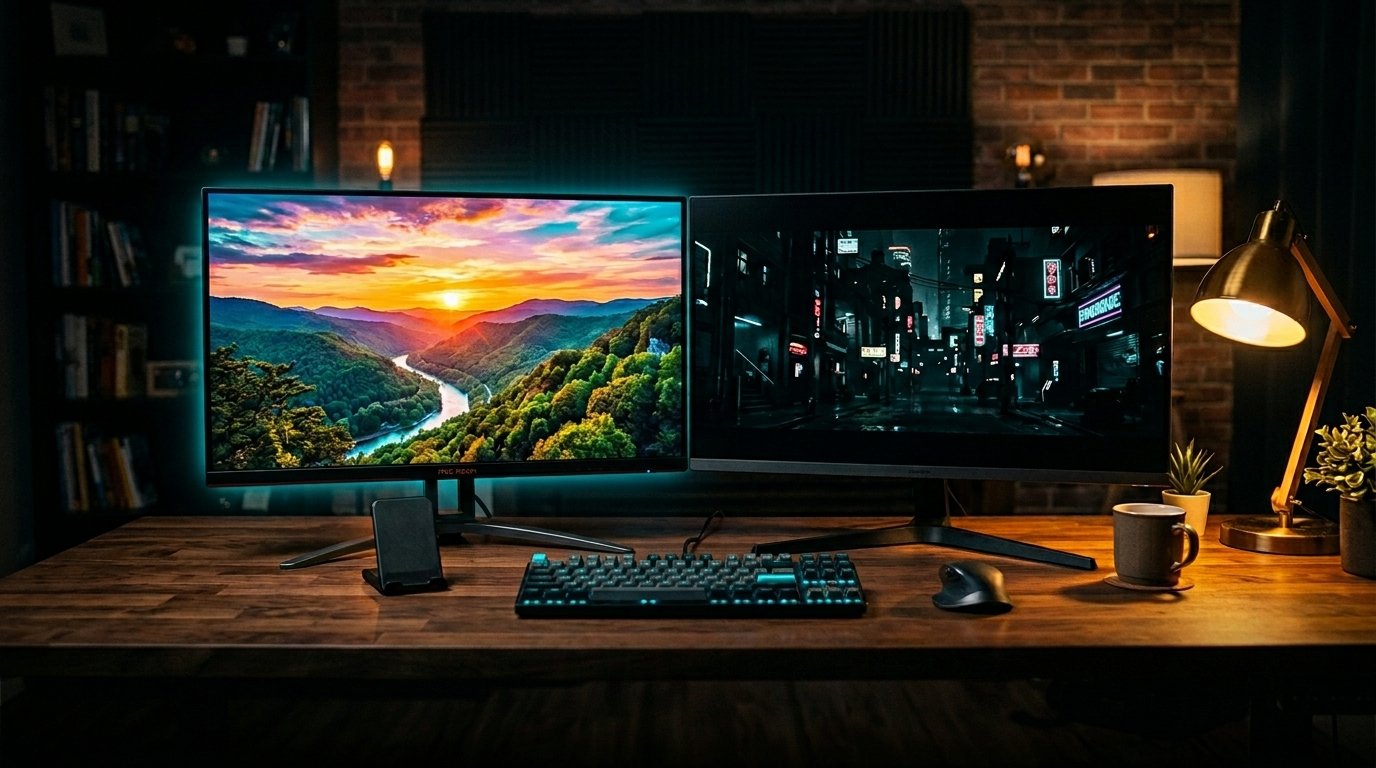 IPS vs VA monitor comparison on home office desk