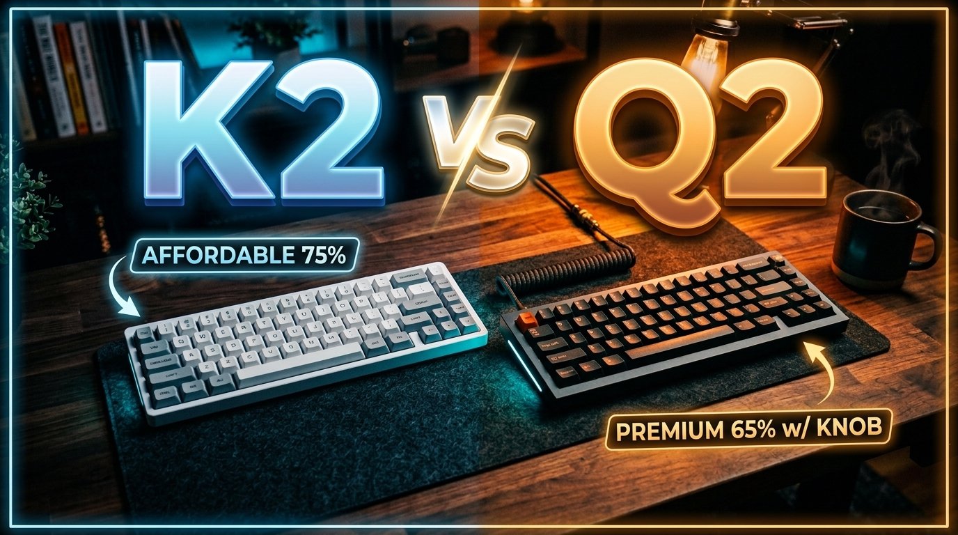 Keychron K2 vs Q2 keyboards on a dark desk setup
