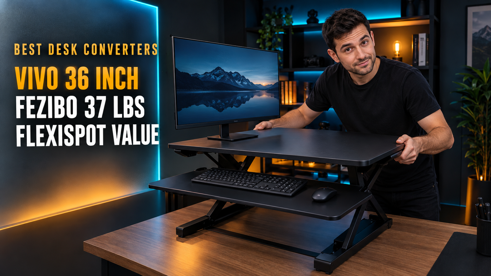Best standing desk converter raised on a dark home office desk
