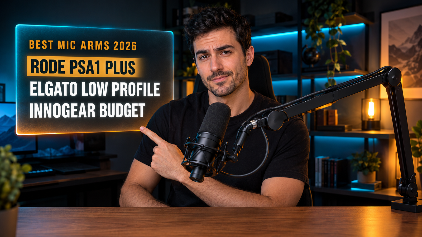 Best mic arm for desk mounted on a dark home office desk